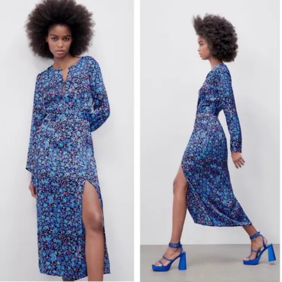 Zara | Dresses | Zara Floral Blue And Pink Midi Dress Long Sleeves ...